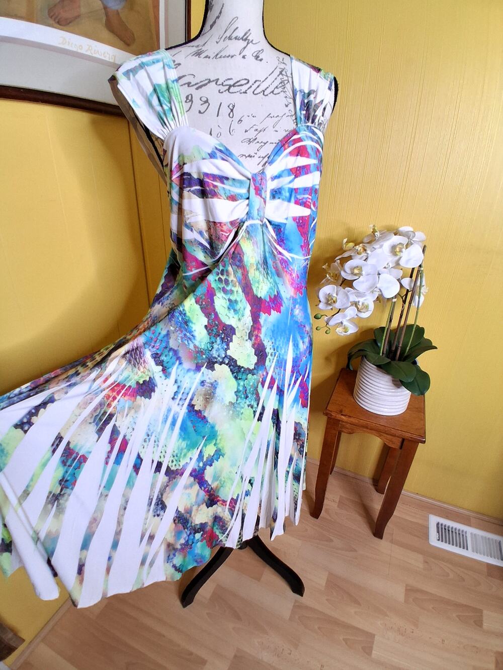 Pretty Woman Colorful Tropical Floral Abstract Stretch Midi Dress XL